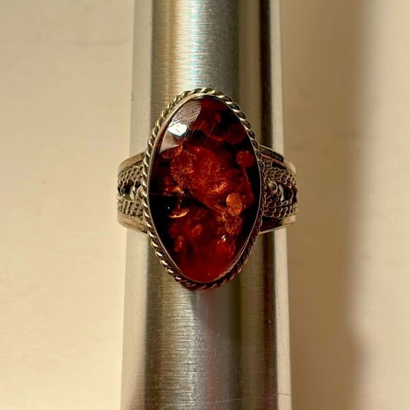 Vintage Jewelry - Vintage Baltic Amber Oval Ring in Ornate Silver Tone Setting